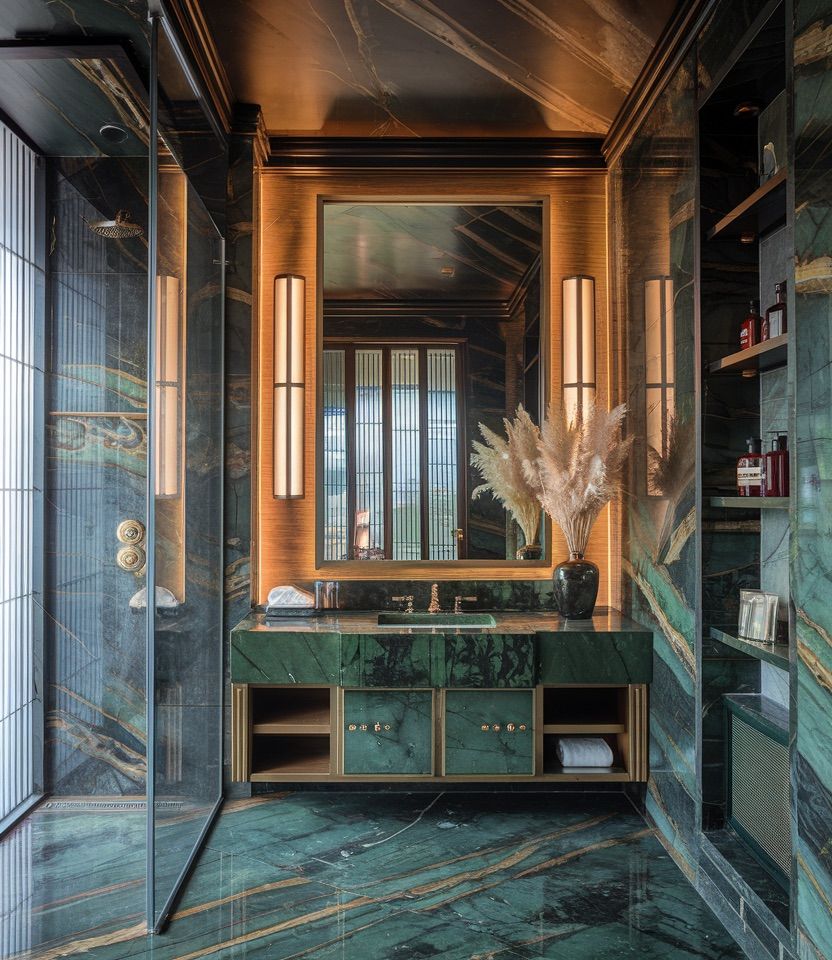 Dramatic Green Marble Bathroom with Brass Accents