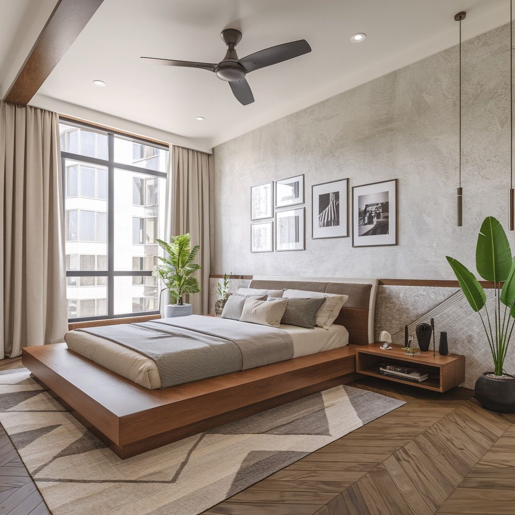 Platform Bed with Herringbone Pattern wooden Flooring
