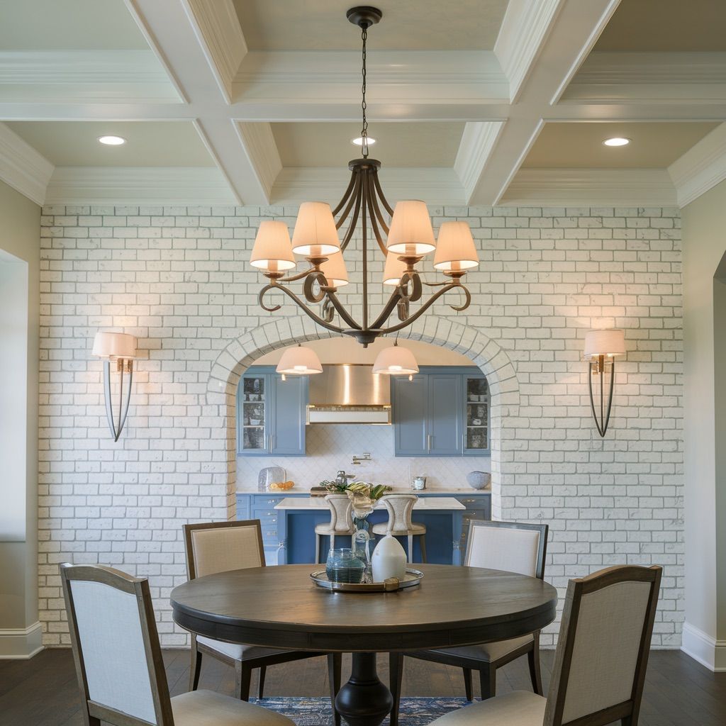 Transitional Dining Space with Arched Brick Feature Wall