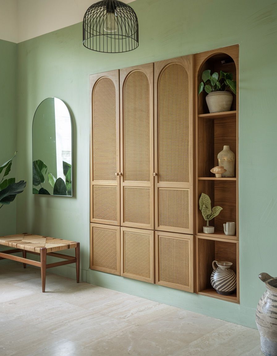 Arched sage cabinetry with cane panels and natural wood detailing