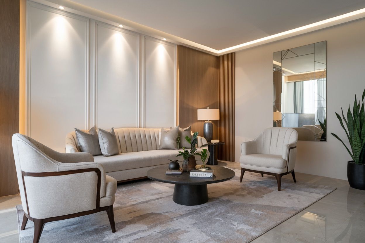 Contemporary living room with curved seating, warm wood and carefully layered lighting from our residential collection