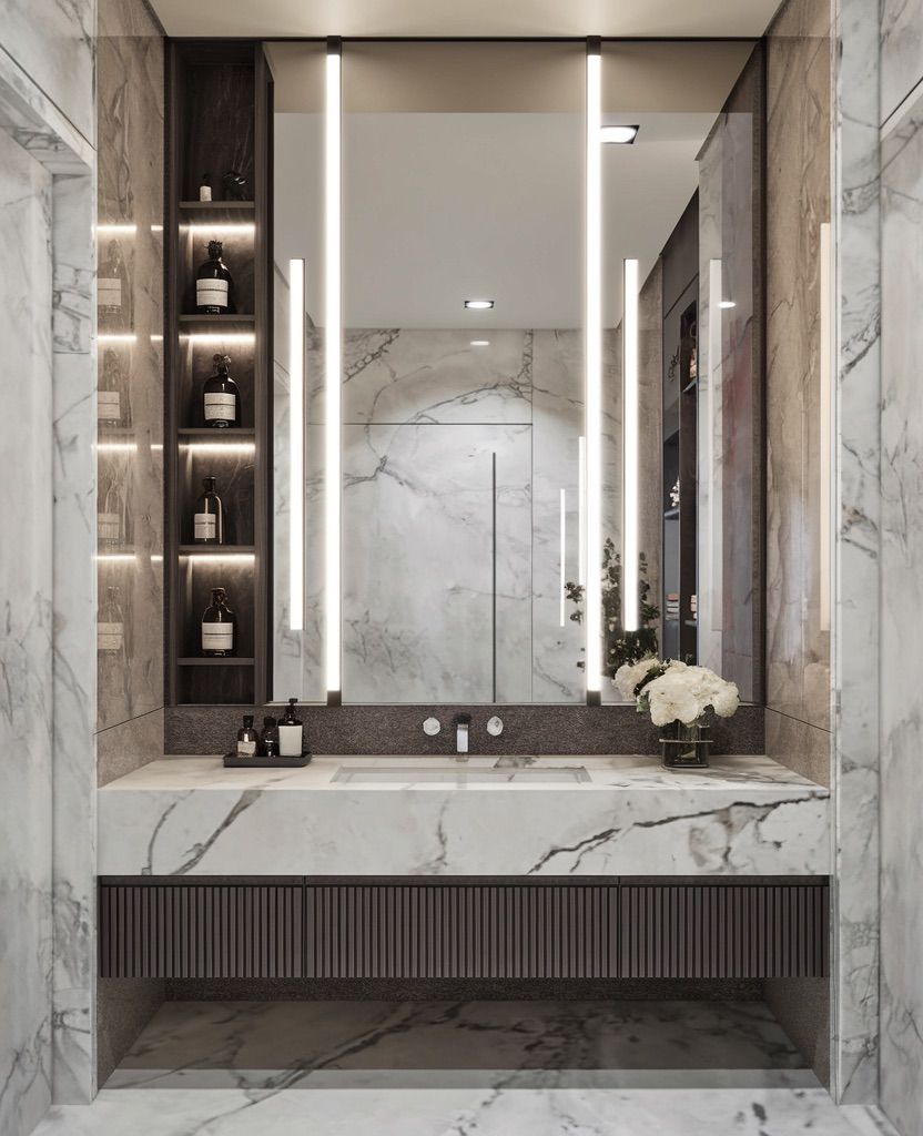 Luxe Marble Bathroom with Integrated Lighting Design