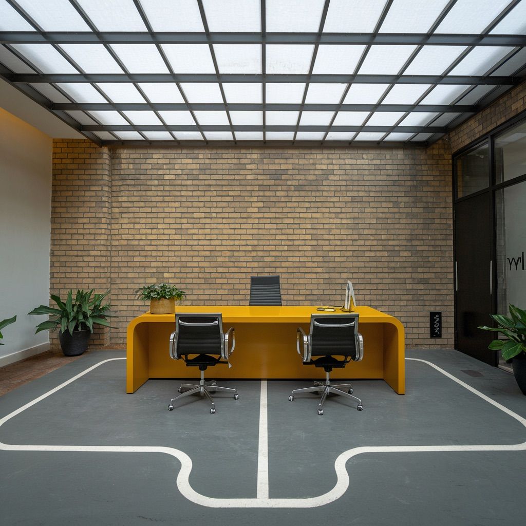 Bold Yellow Table on Basketball Court-Inspired Floor