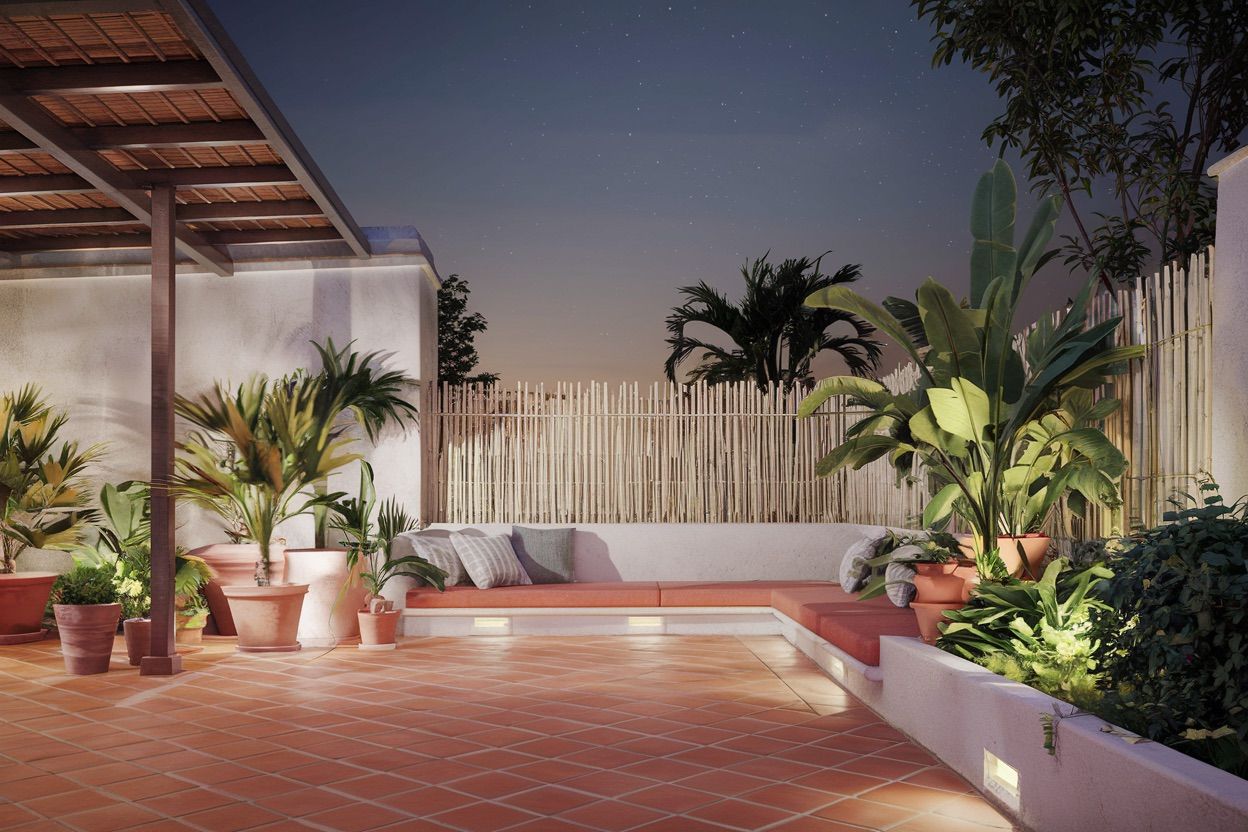Mediterranean-Inspired Patio with Tropical Landscaping
