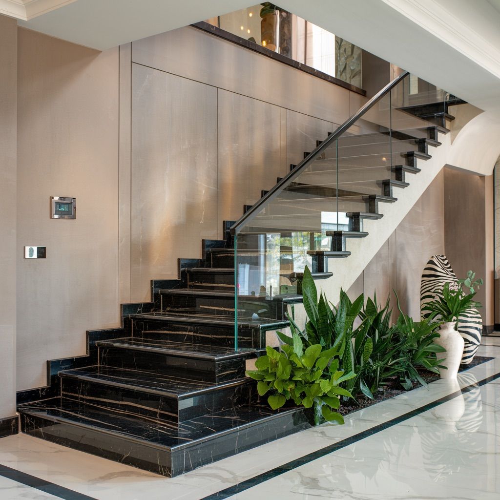 Modern Marble Staircase with Glass Railings and Lush Greenery