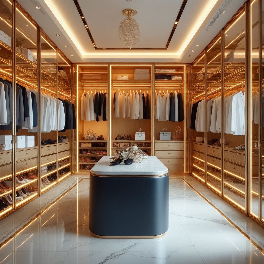 Elegant Modern Walk-In Closet with Glass Cabinetry and Gold Accents